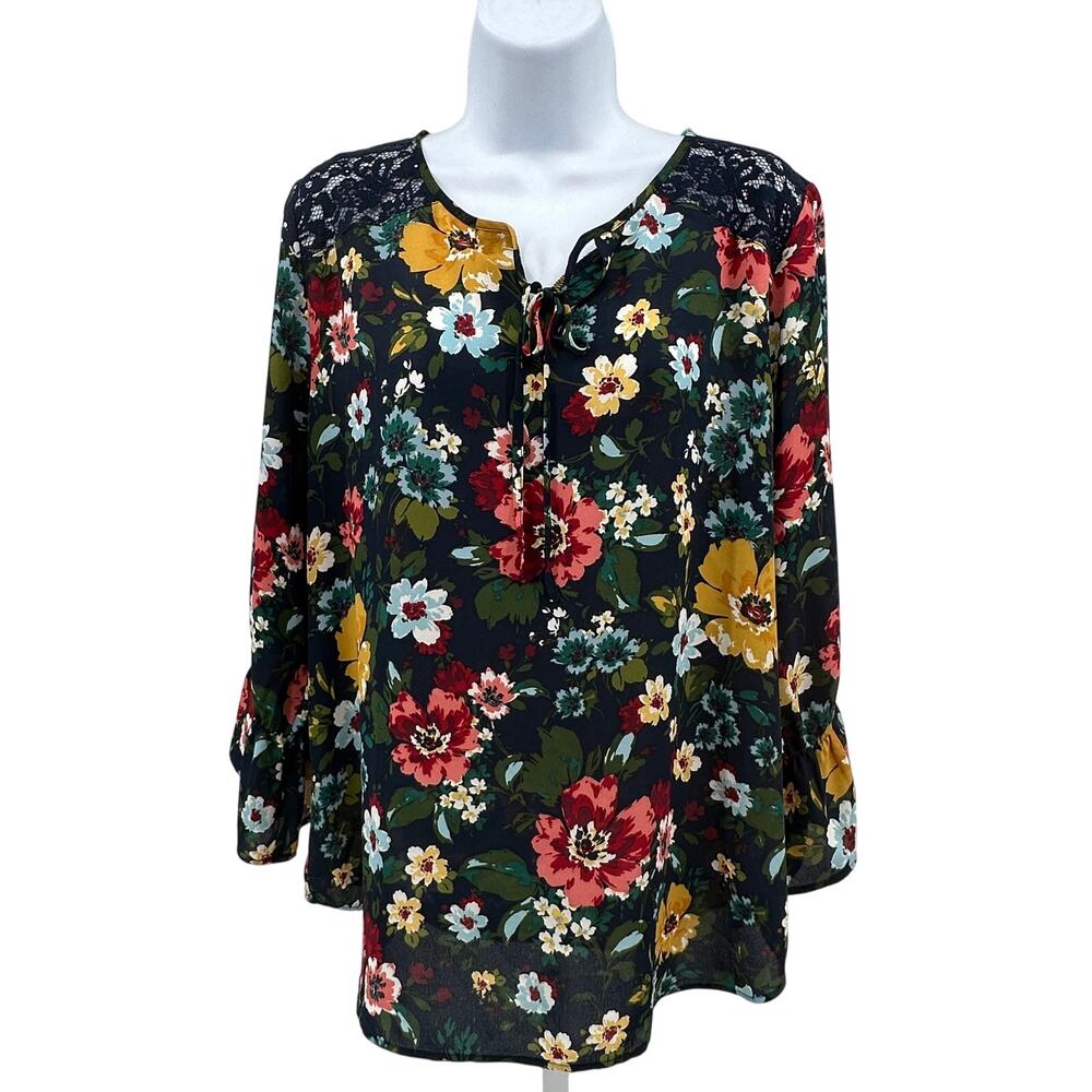 Van Heusen Floral Print Lace Detail Blouse Top WMNS M Navy Split Neck With Tie